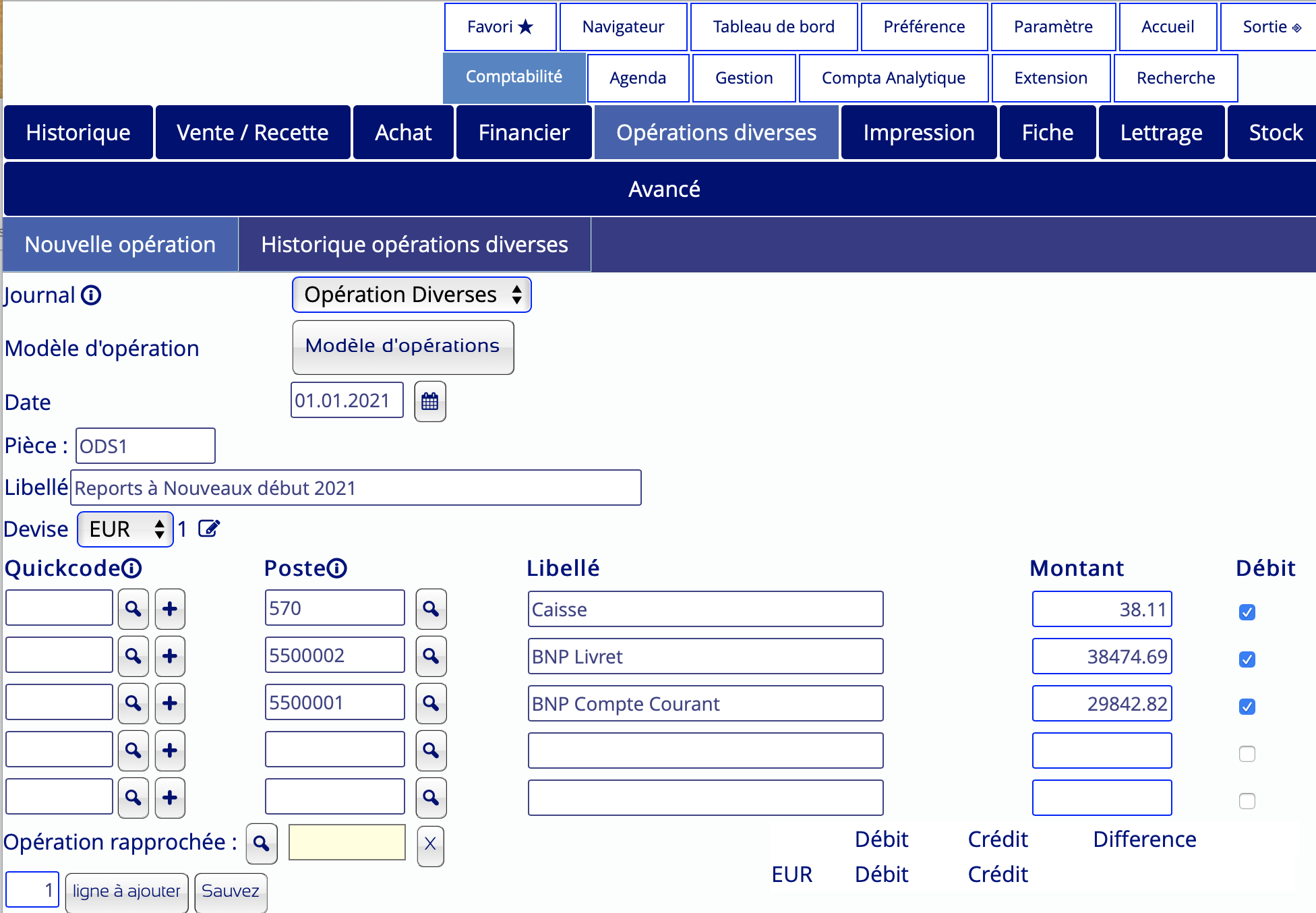 exemple de début de saisie de report à nouveau initial.