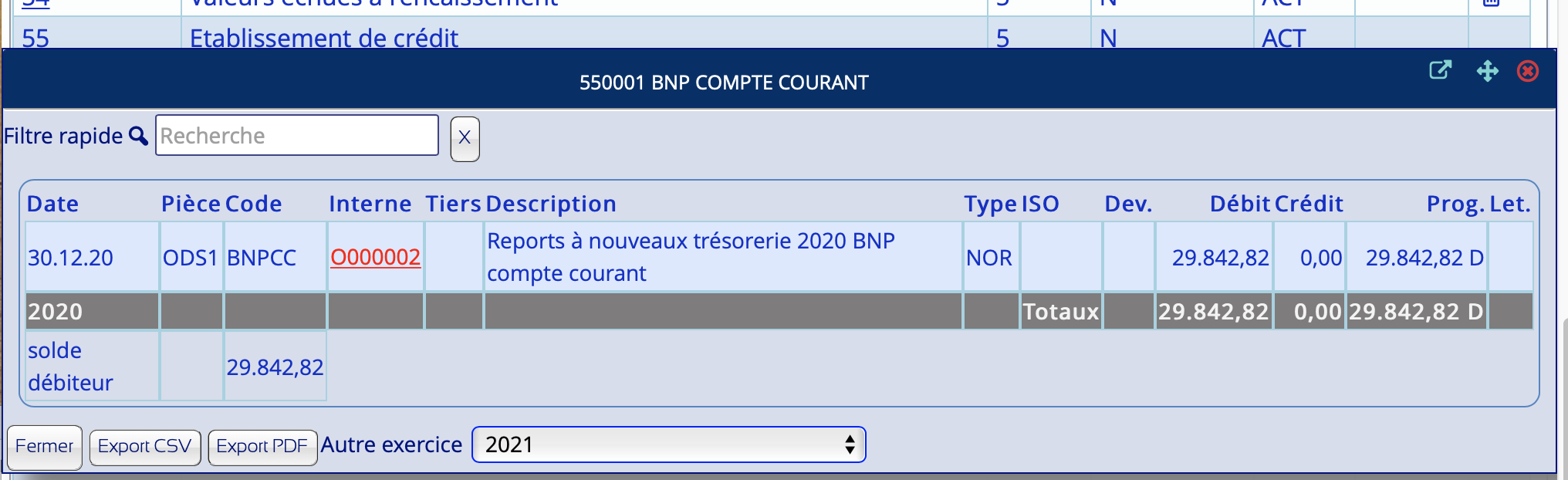 Détail compte 550001 via plan comptable