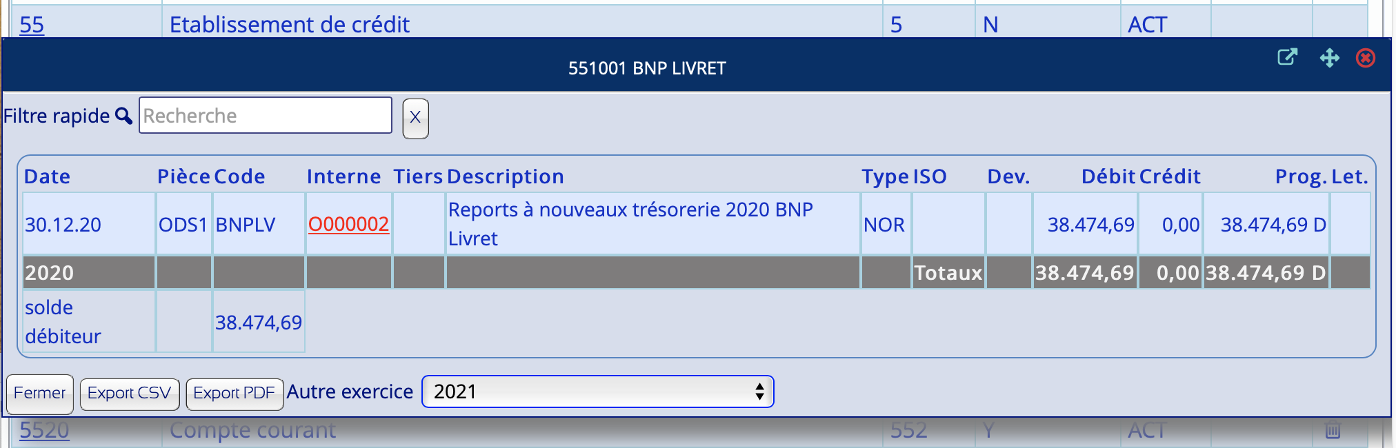 Détail compte 551001 via plan comptable